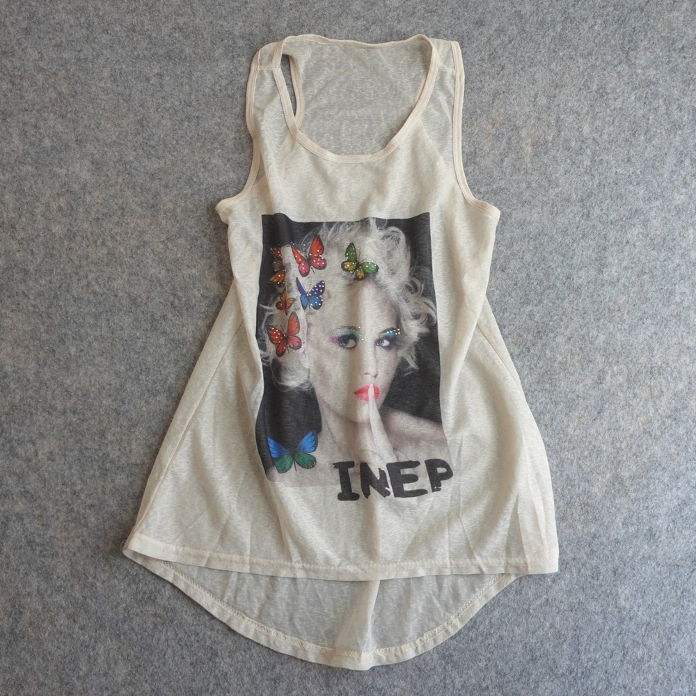 Vintage Y2K INEP Butterfly Graphic Tank Top Womens L Cream‎ Sheer Fairy Indie